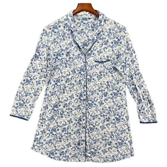 b.up Sleep Shirt Womens Blue White Floral Modal Blend Button Down L/S Size L - Picture 1 of 8